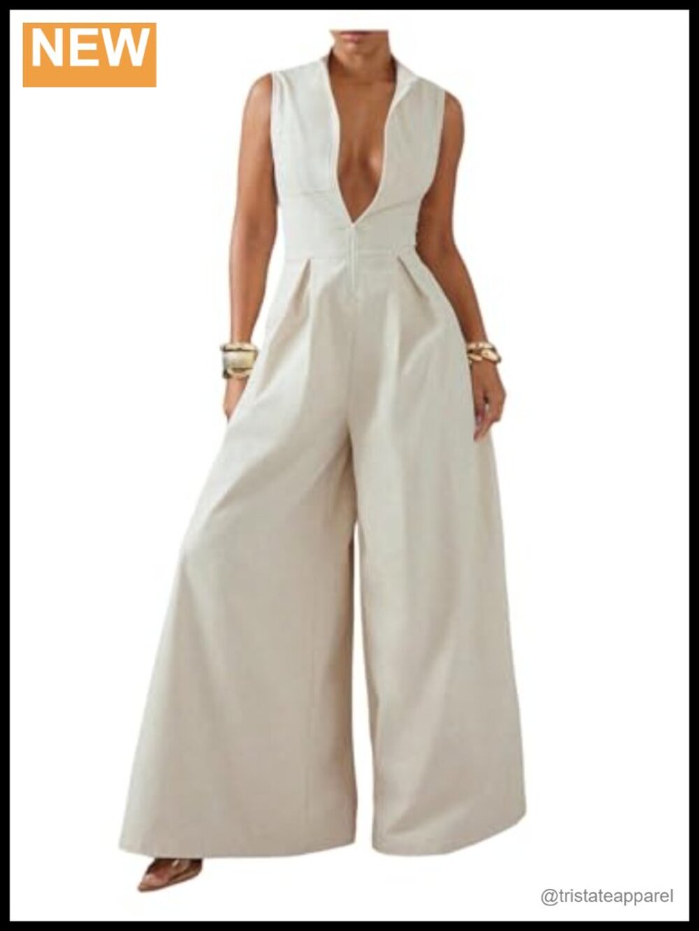 Sleeveless Wide Leg Jumpsuit Mock Neck Front Zip Business Casual Office Wear